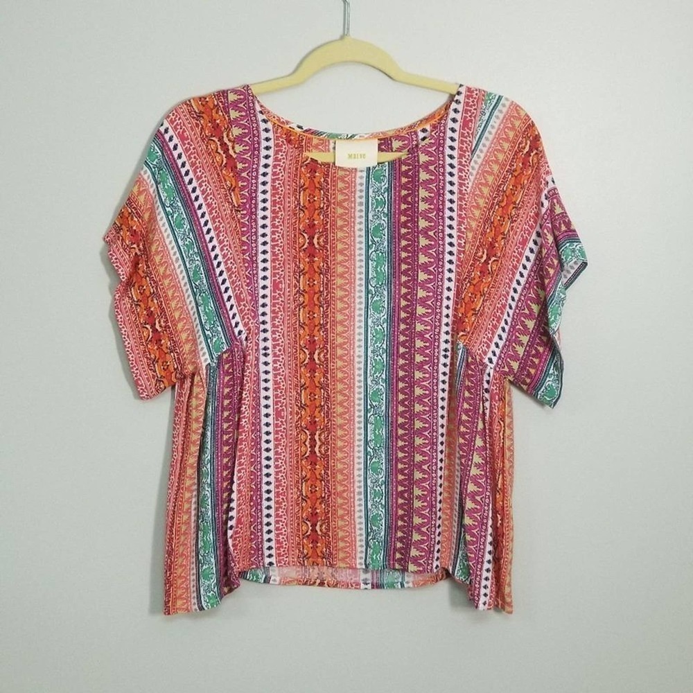 Anthropologie Maeve Boho Festival Aztec Print Round Neck Stripe Blouse Size XS